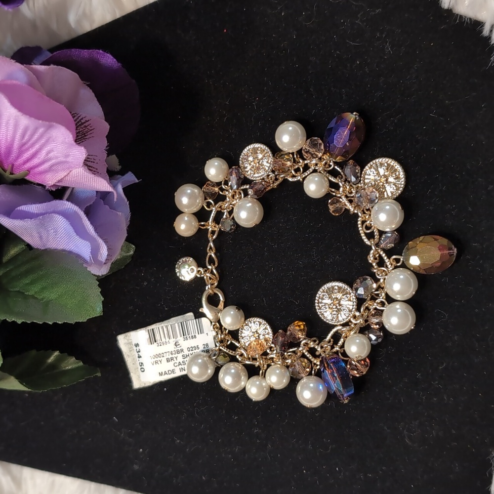 Charter Club Very Berry Shaky Bracelet Pearl & Glass Beads Coin Charms NWT